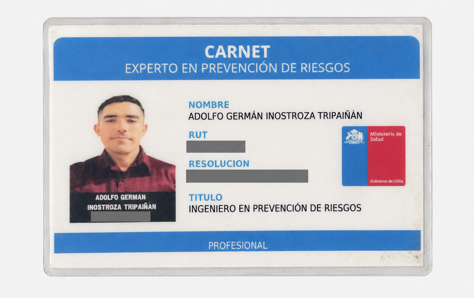 Credencial protegida de Experto Profesional en Prevención de Riesgos de Adolfo Inostroza