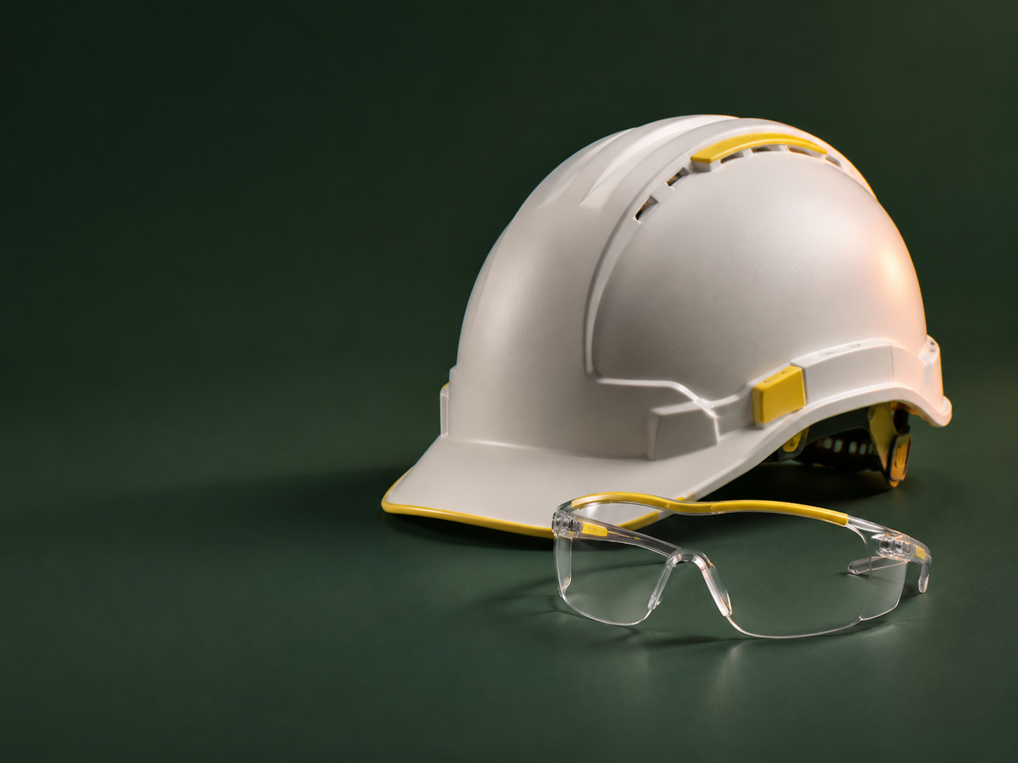 Casco y lentes de seguridad sobre fondo verde